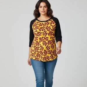 LuLaRoe Yellow Floral Top with Black Raglan Sleeves Plus Size‎ 3X